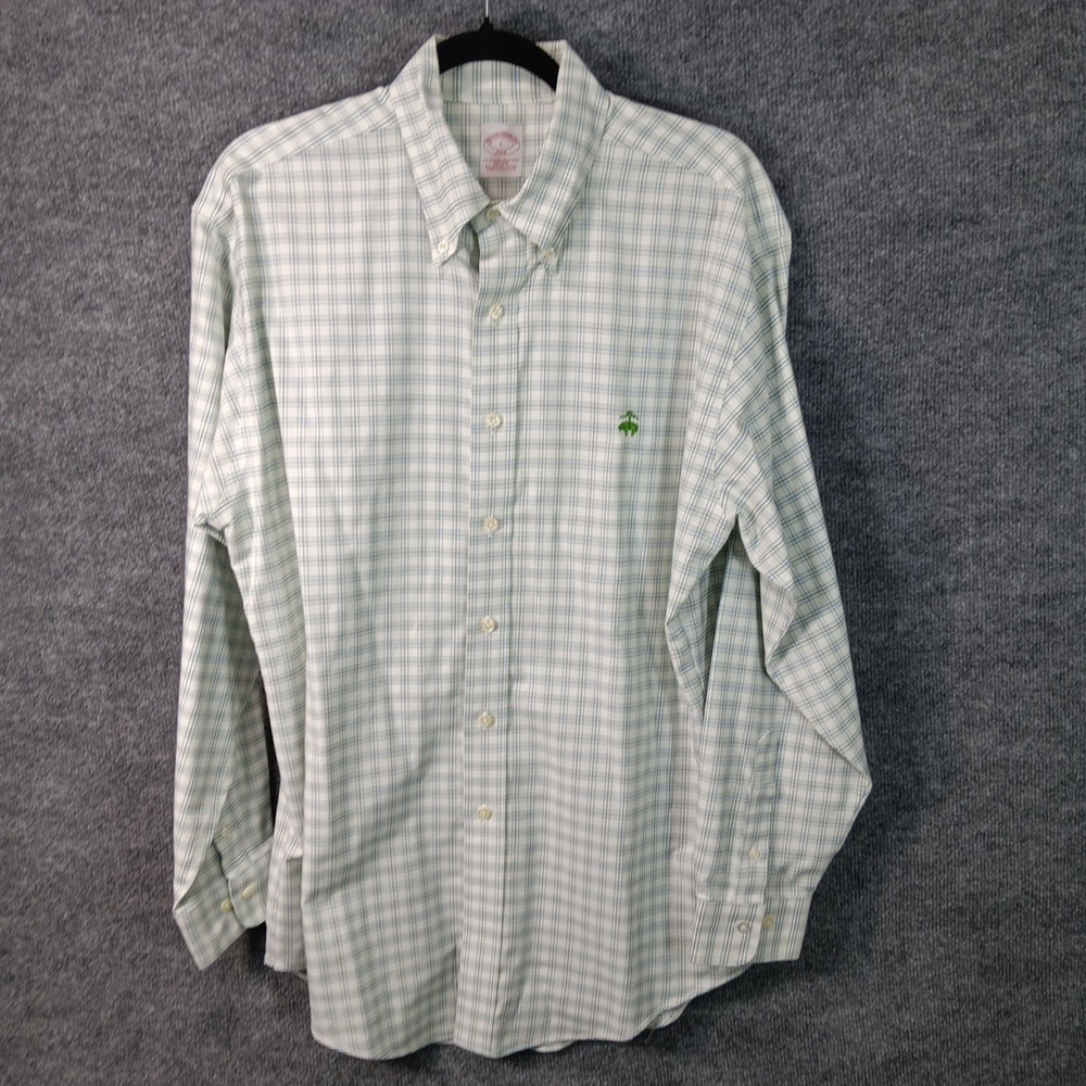 Brooks Brothers 346 Non Iron Button Down Shirt Supima Cotton White Green Mens L